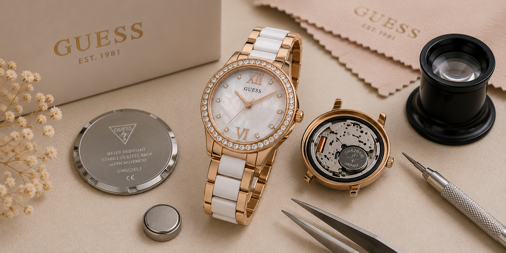 Montre Guess ouverte lors d'un changement de pile avec des outils d'horlogerie professionnels