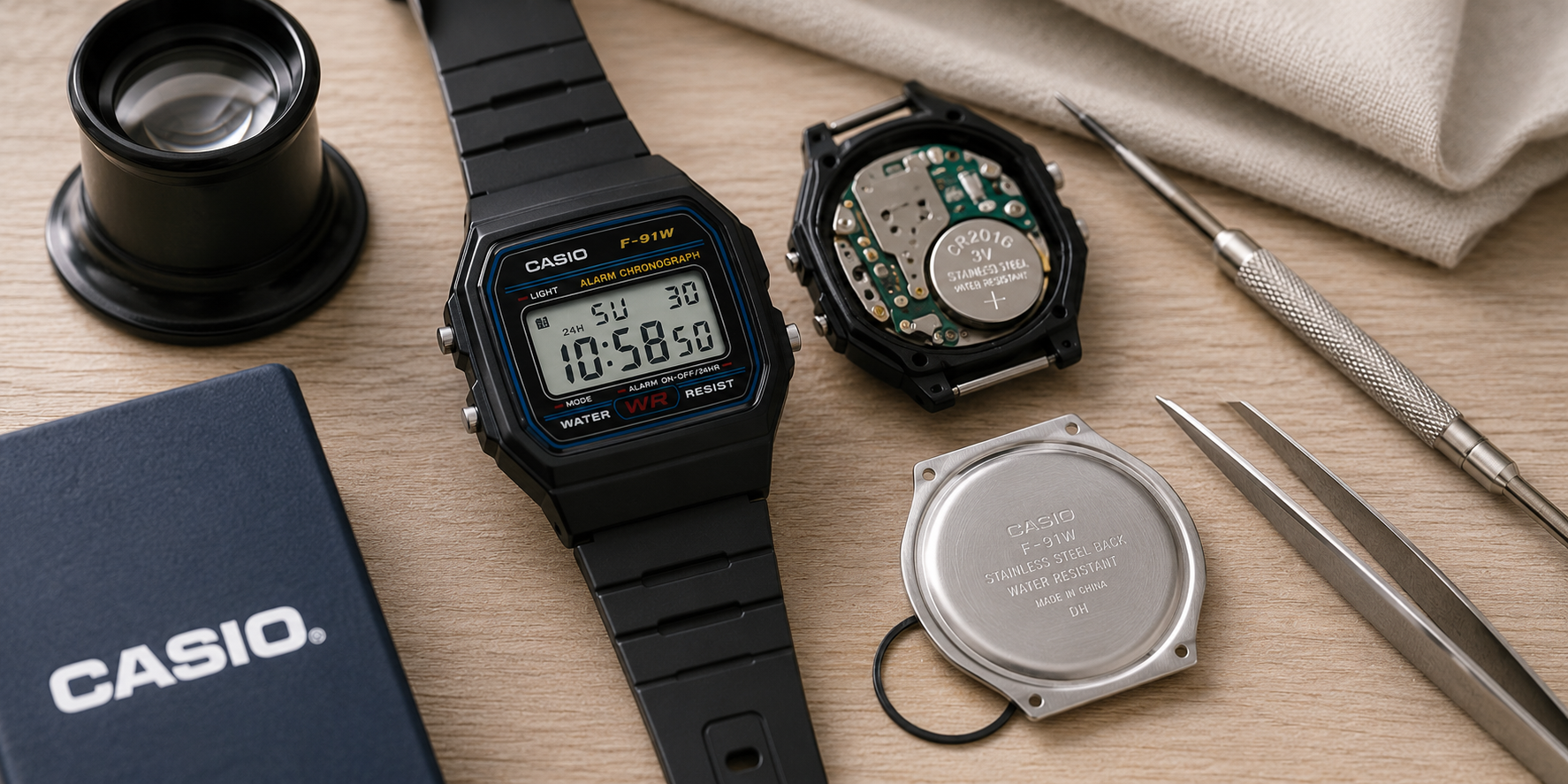 Changement de la pile d'une montre Casio dans un atelier d'horlogerie.