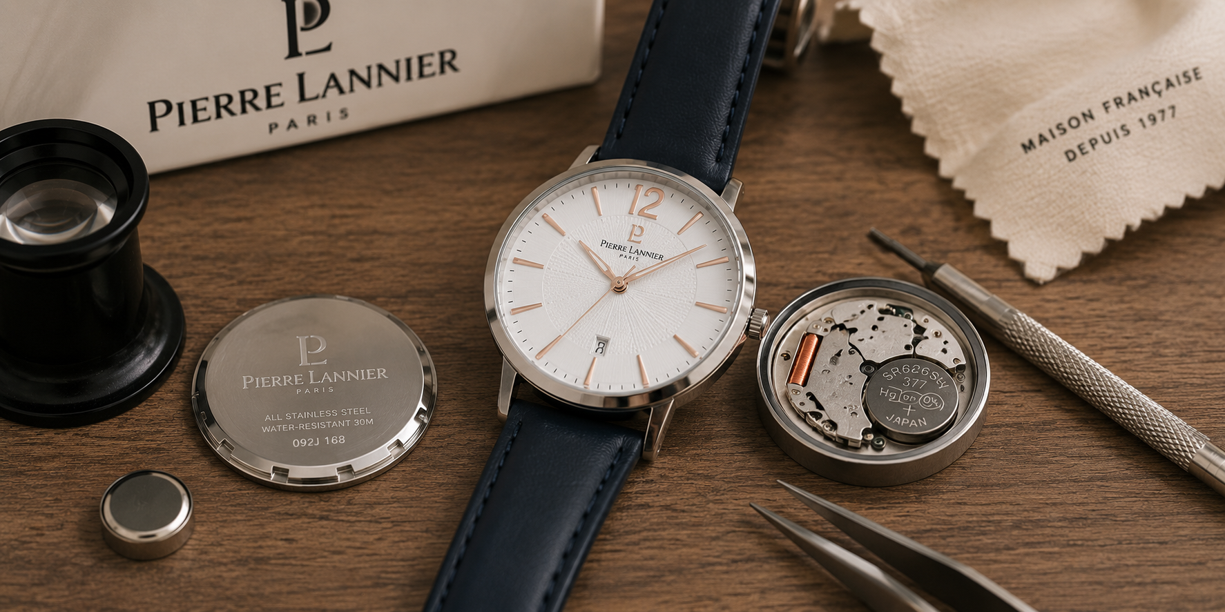 Montre Pierre Lannier et outils utilisés pour remplacer la pile d'une montre à quartz.