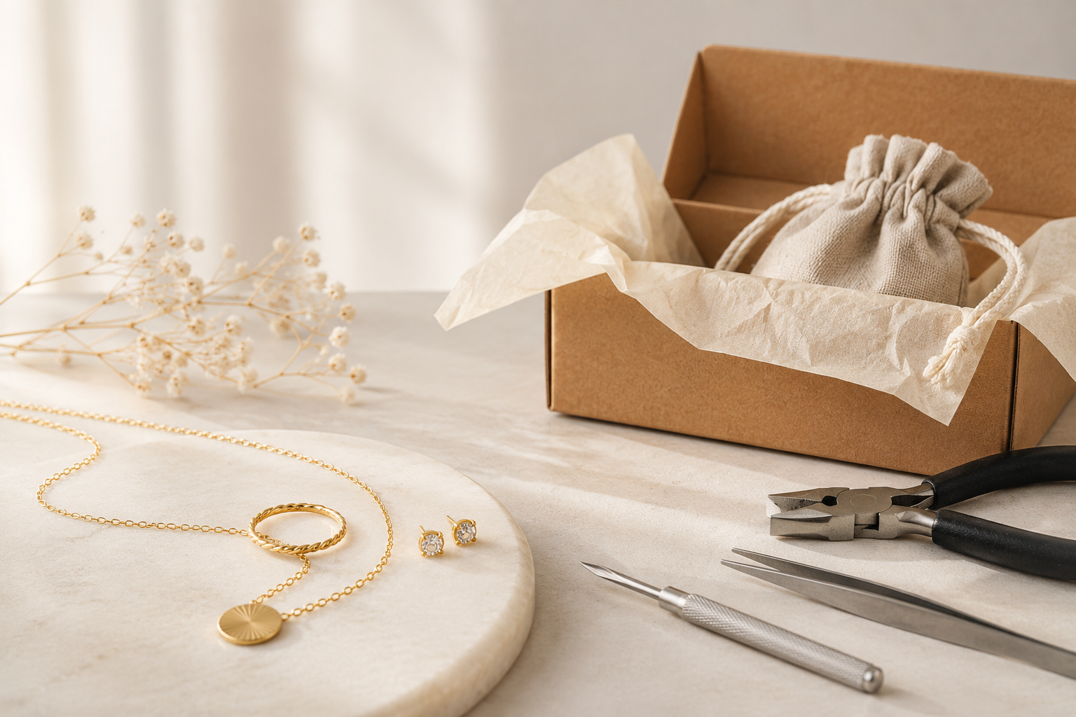 Réparation de bijoux à distance par correspondance : un collier, une bague et des outils de bijoutier prêts à être expédiés.
