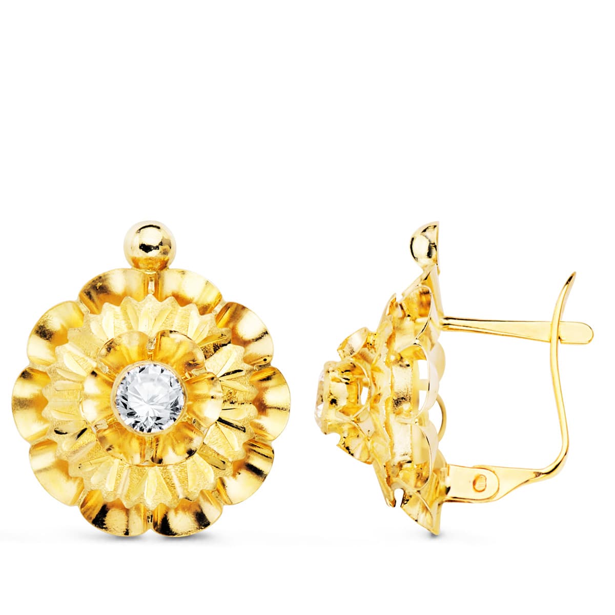 18K Sarı Altın Zirkonlu Küba Küpe 18X15 mm Menteşeli Toka