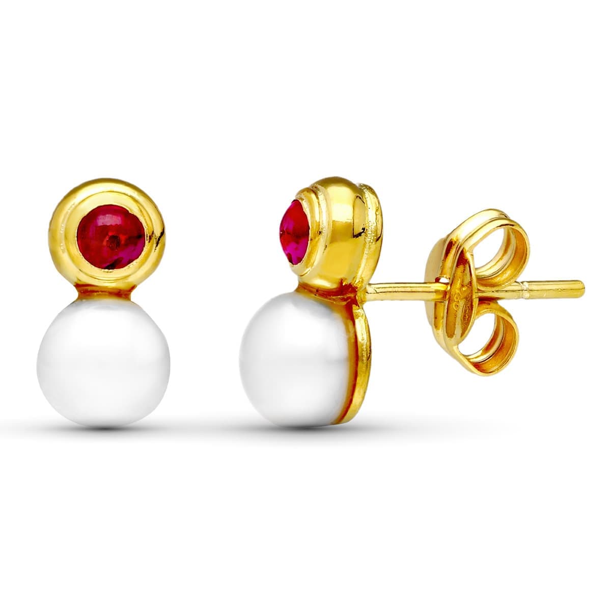 Boucles d'oreilles Or Jaune 18K Perle et Pierre Rouge 10X5 mm Fermoir Poussettes Papillon