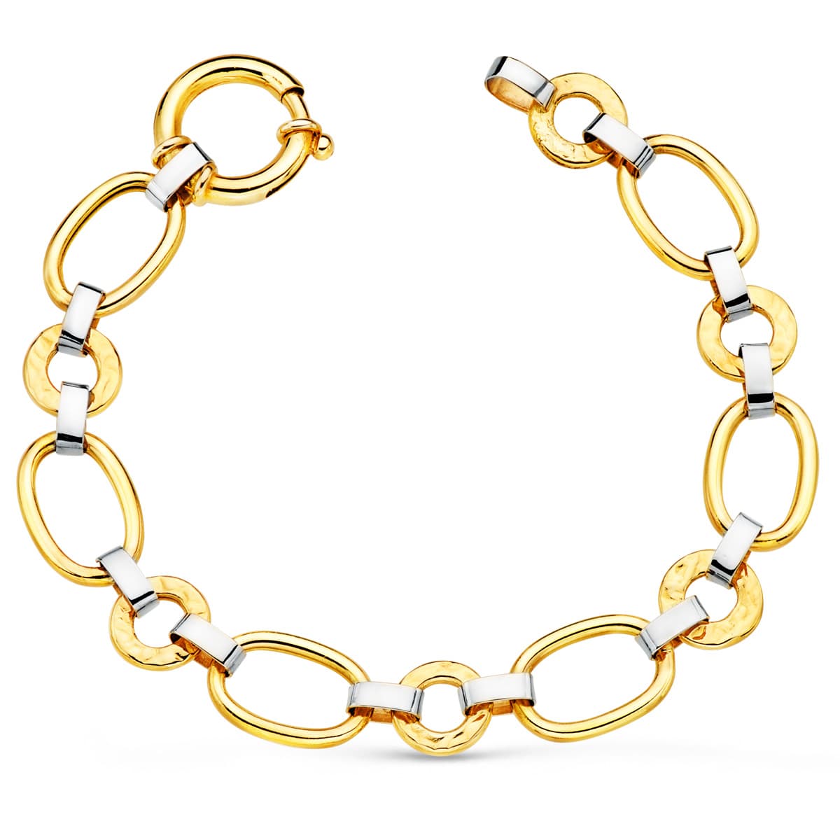 Pulseira em ouro bicolor 18K, elos ovais e redondos, largura 11 mm, comprimento 19 cm