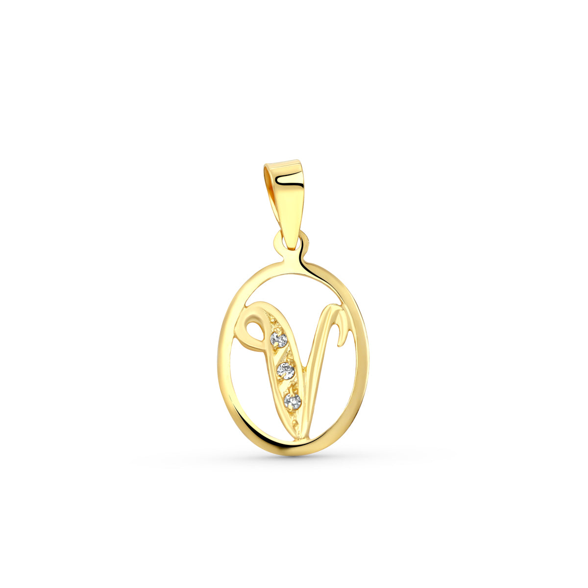 Pendentif en Or Jaune 18K Initial V avec Zircons