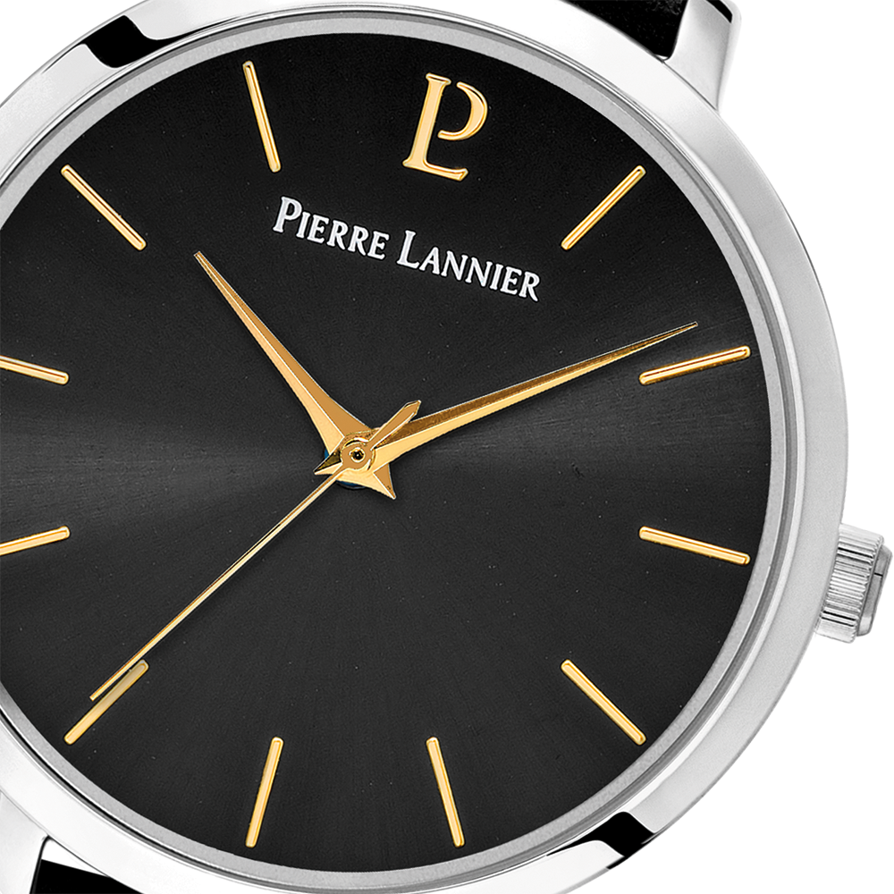 Parlak siyah kadran, altın ibreler, minimalist çerçeve Pierre Lannier 034N633