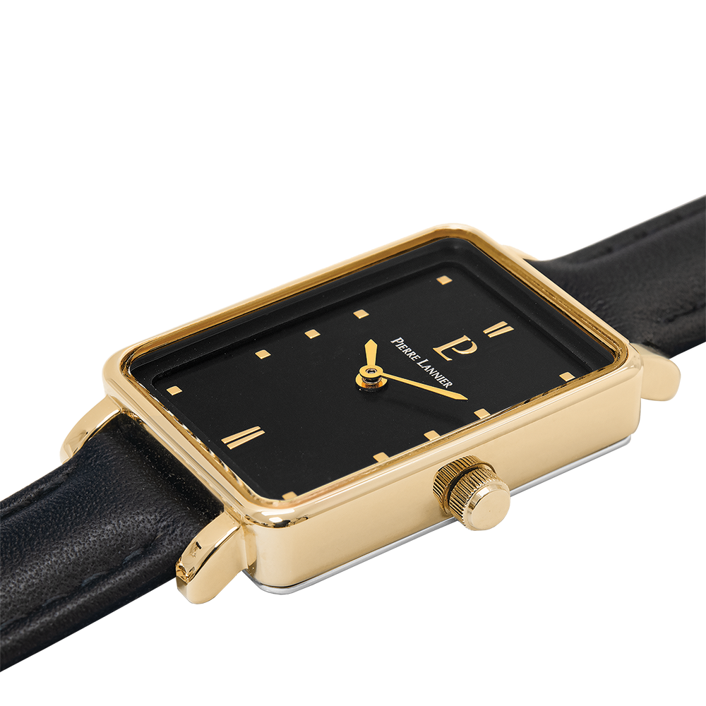 Blank sort urskive, gyldne visere, tidløs bezel Pierre Lannier 057H533