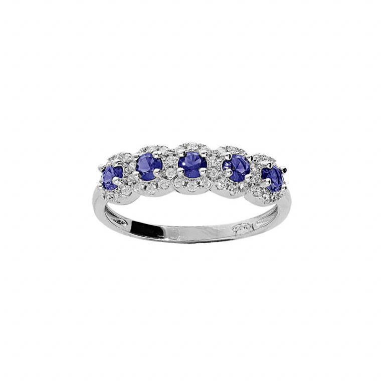 5 blue stone motif ring in rhodium-plated 925 silver with white oxides