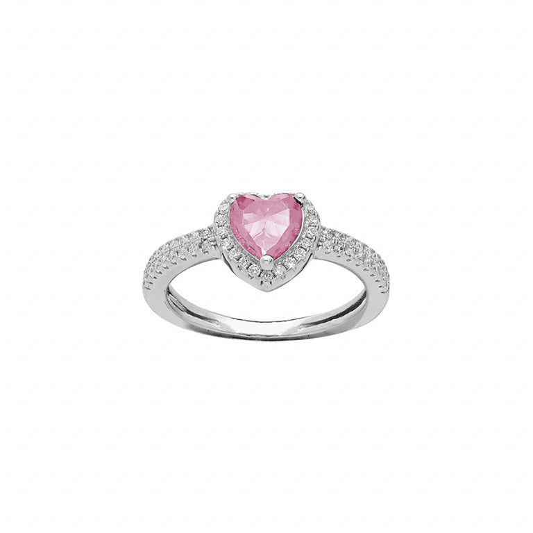 Heart ring in rhodium-plated 925 silver with pink zirconium oxides