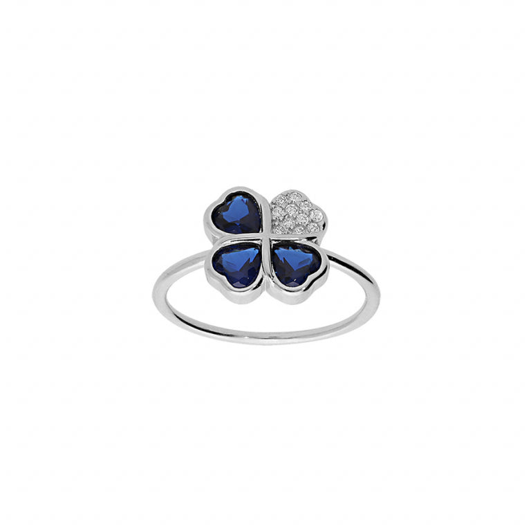 Clover ring in rhodium-plated 925 silver with blue oxides