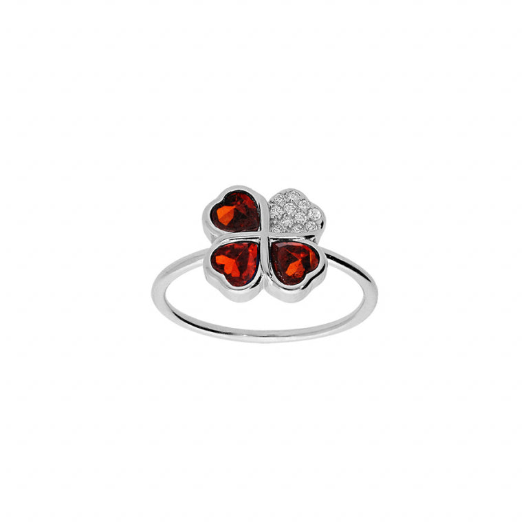Kleeblatt-Ring aus rhodiniertem 925er Silber mit roten Zirkonoxiden