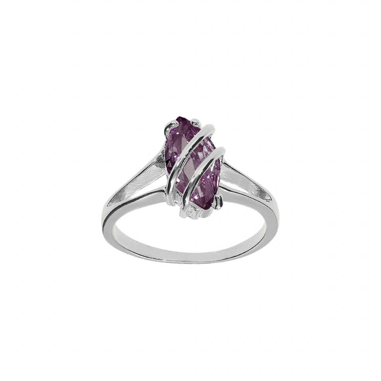 Shuttle ring in rhodium-plated 925 silver with purple zirconium oxides