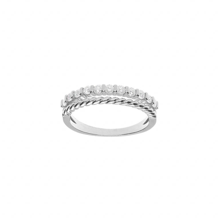 Double row ring in rhodium-plated 925 silver set with white oxides