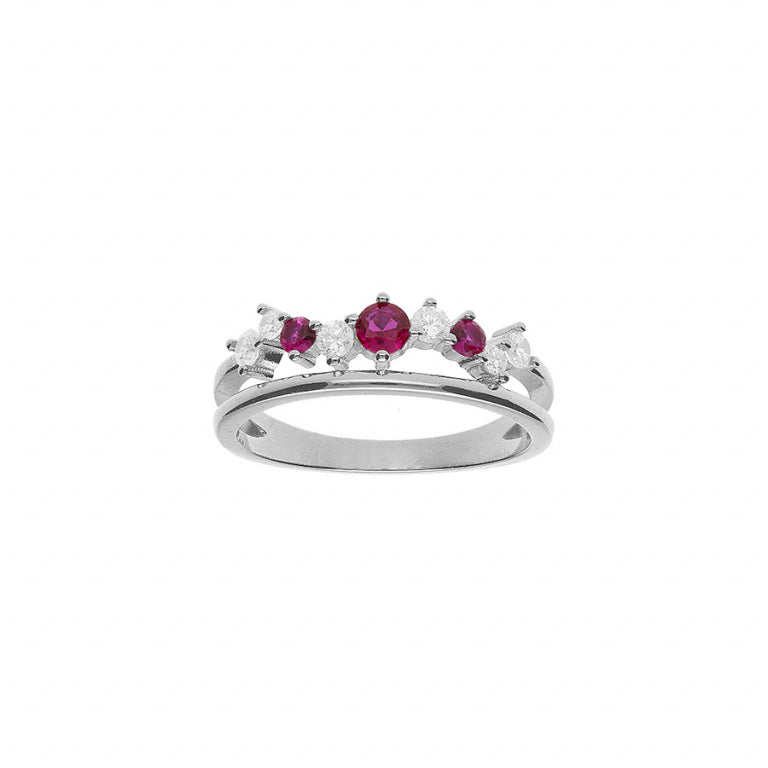 Bague oxydes fushia et blancs 2 rangs en argent 925 rhodié