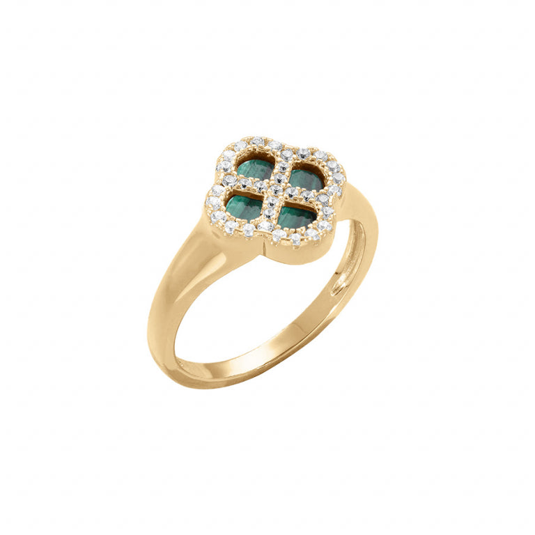 Bague trèfle malachite véritable en argent 925 avec oxydes blancs