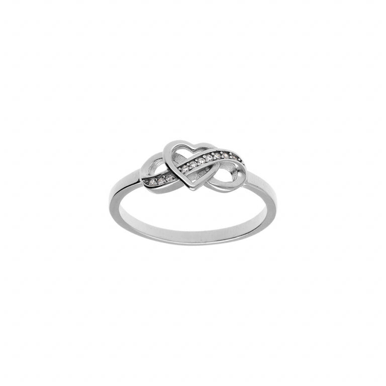 Infinity and heart ring in rhodium-plated 925 silver with set white oxides