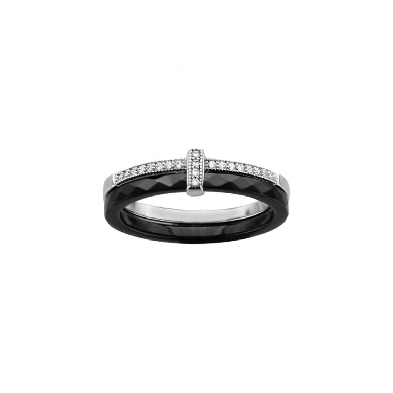 Anillo doble de plata 925 rodiada con cerámica negra y óxidos blancos