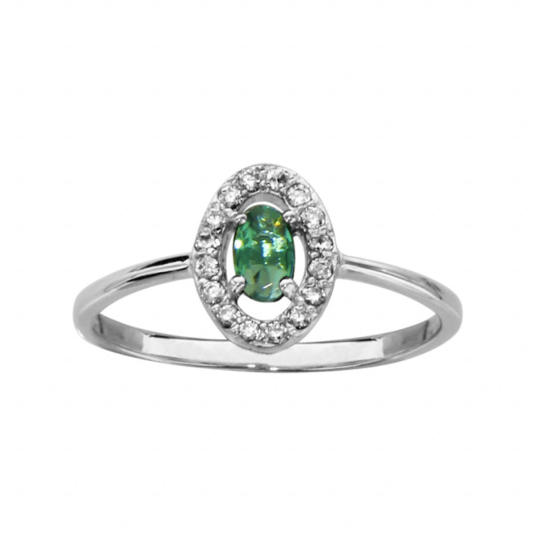 Oval ring in rhodium-plated 925 silver with green glass and white oxides