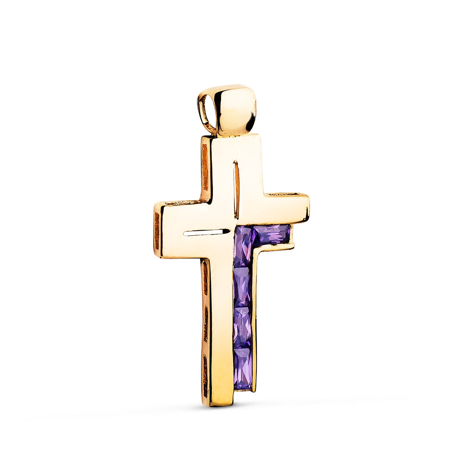 Croix en Or Jaune 18K Pierres Baguette Pierres Baguette Améthyste Zirconia 31 X 15 mm