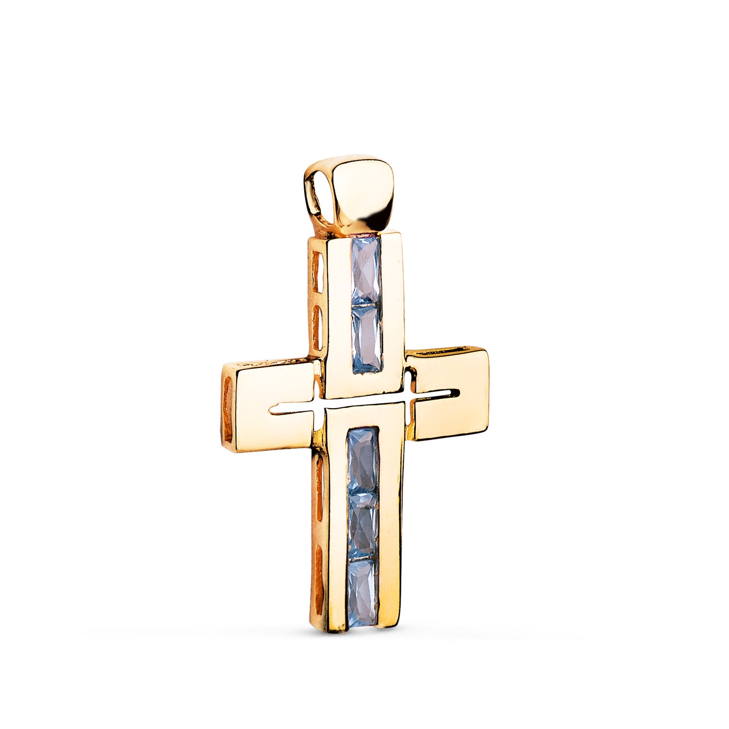 Croix en Or Jaune 18K Pierres Baguette Aigue-marine Zircone Cubique 29 X 18 mm
