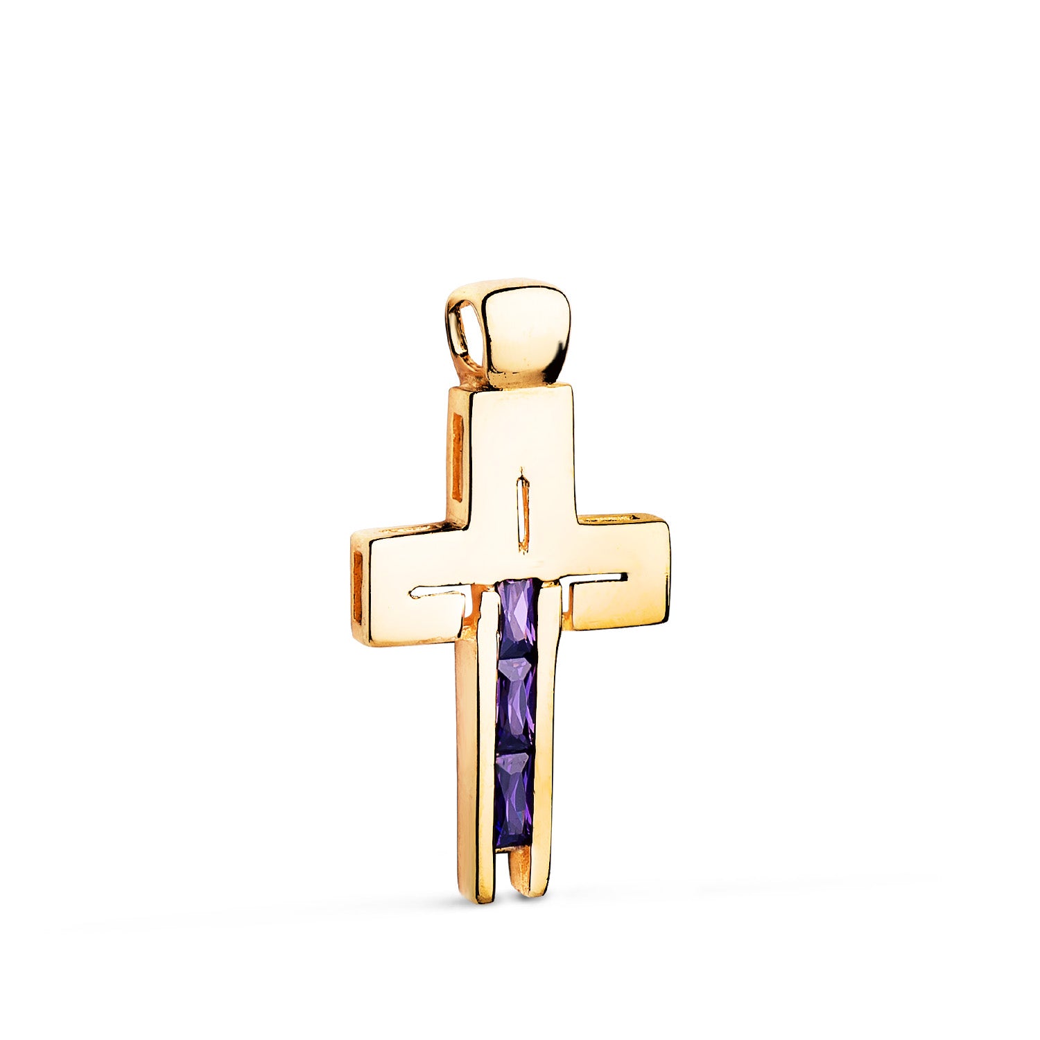 Croix en Or Jaune 18K Pierres Baguette Baguette Améthyste Zircone Cubique 27 X 14MM