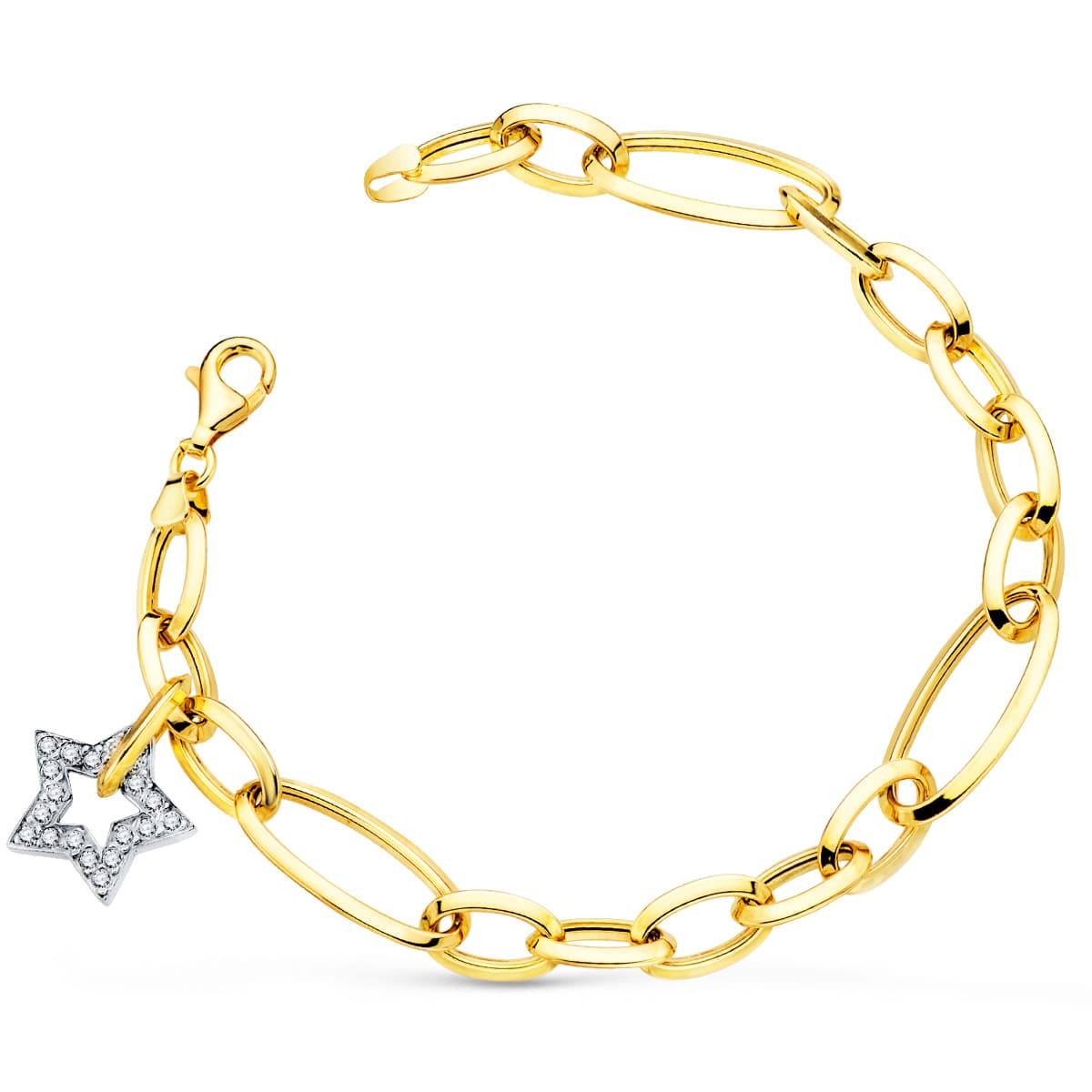 18K Bracelet Or Bicolore Etoile Zircons 15 mm 20 Cm