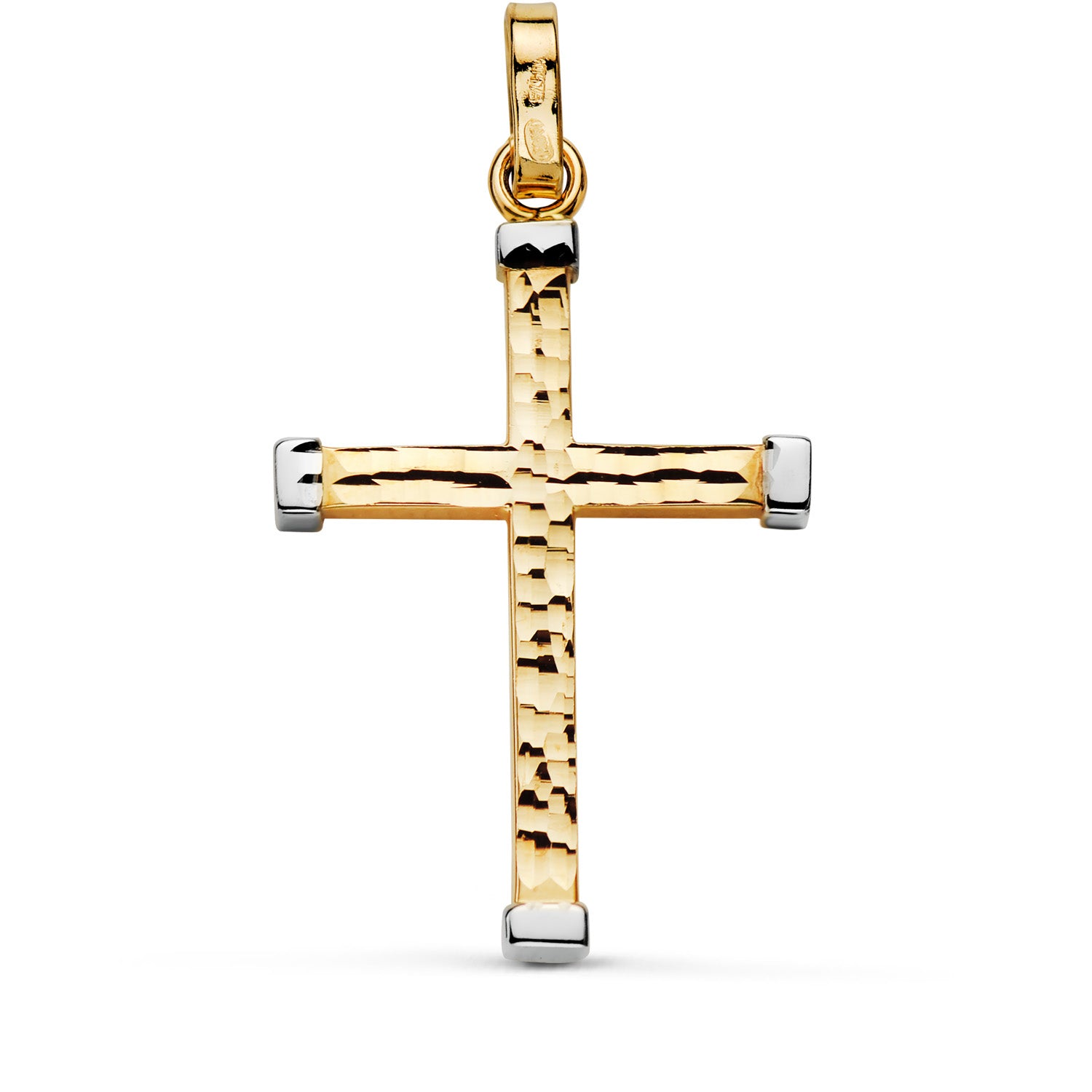 Croix en Or Bicolore 18K Creuse Sculptée Bâton Carré 3X3 mm Taille : 39 X 24 mm