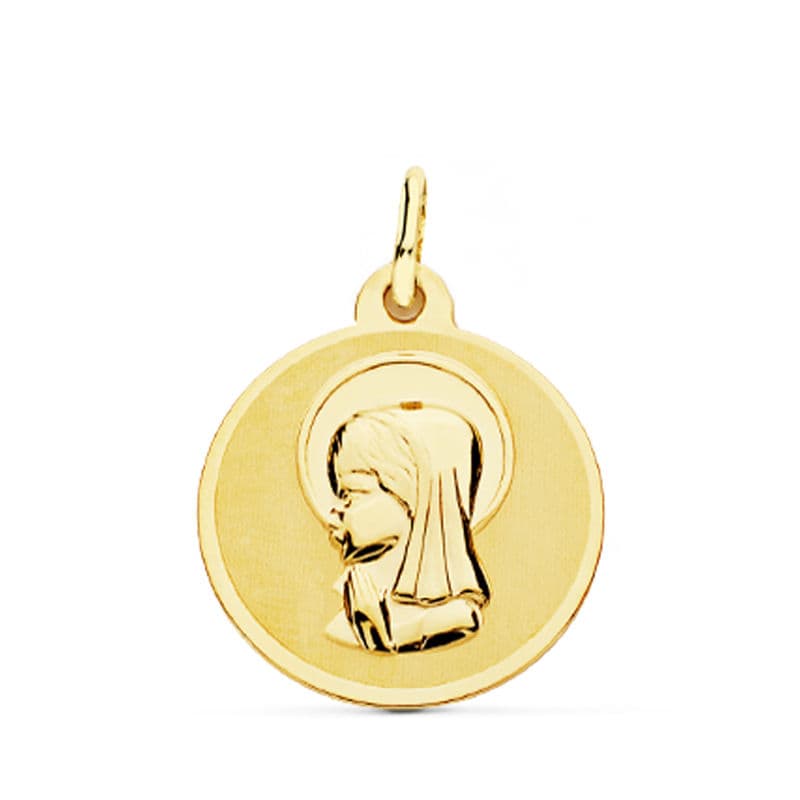 18K Médaille Effet Sablée Vierge en Or Jaune 18MM