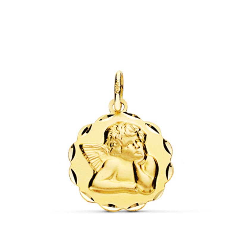 Médaille en Or Jaune 18K Ange Moqueur Noeuds Sculptés 14 mm Lumière