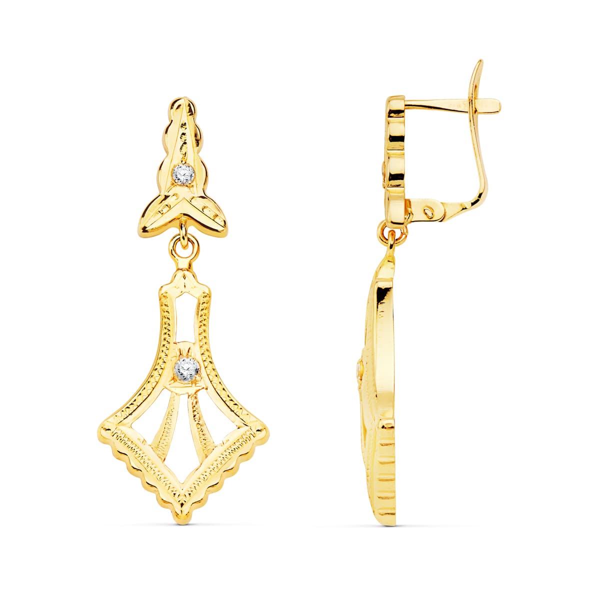 Boucles d'oreilles Cubaines Or Jaune 18K avec Zircone 35X13 mm Fermoir Catalan