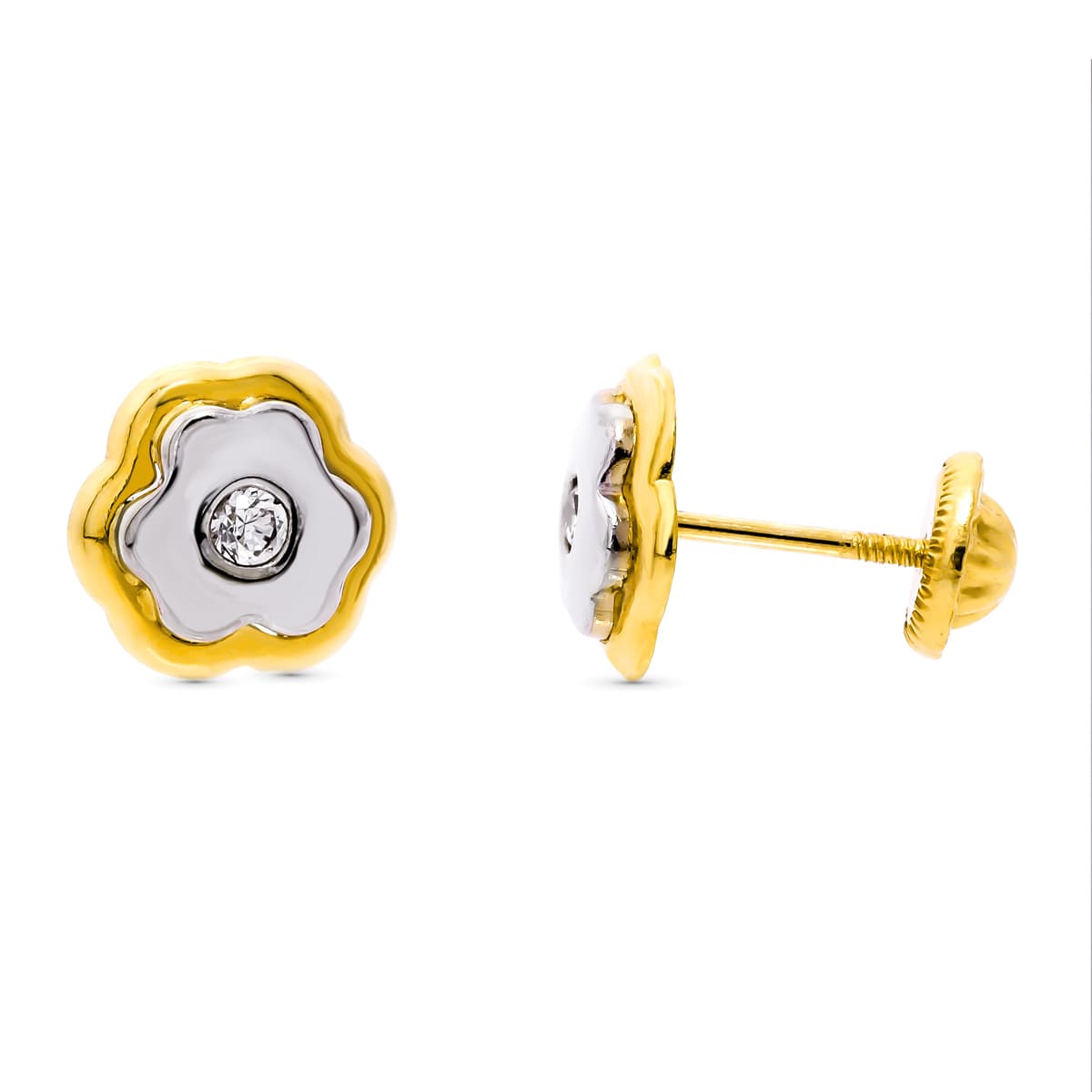 18K Two-tone Gold Clover Earrings 8X8 mm Screw Clasp