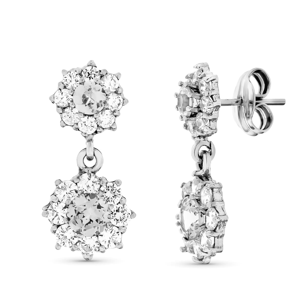 18K Boucles d'oreilles Or Blanc Zircons Fermoir Poussettes Papillon