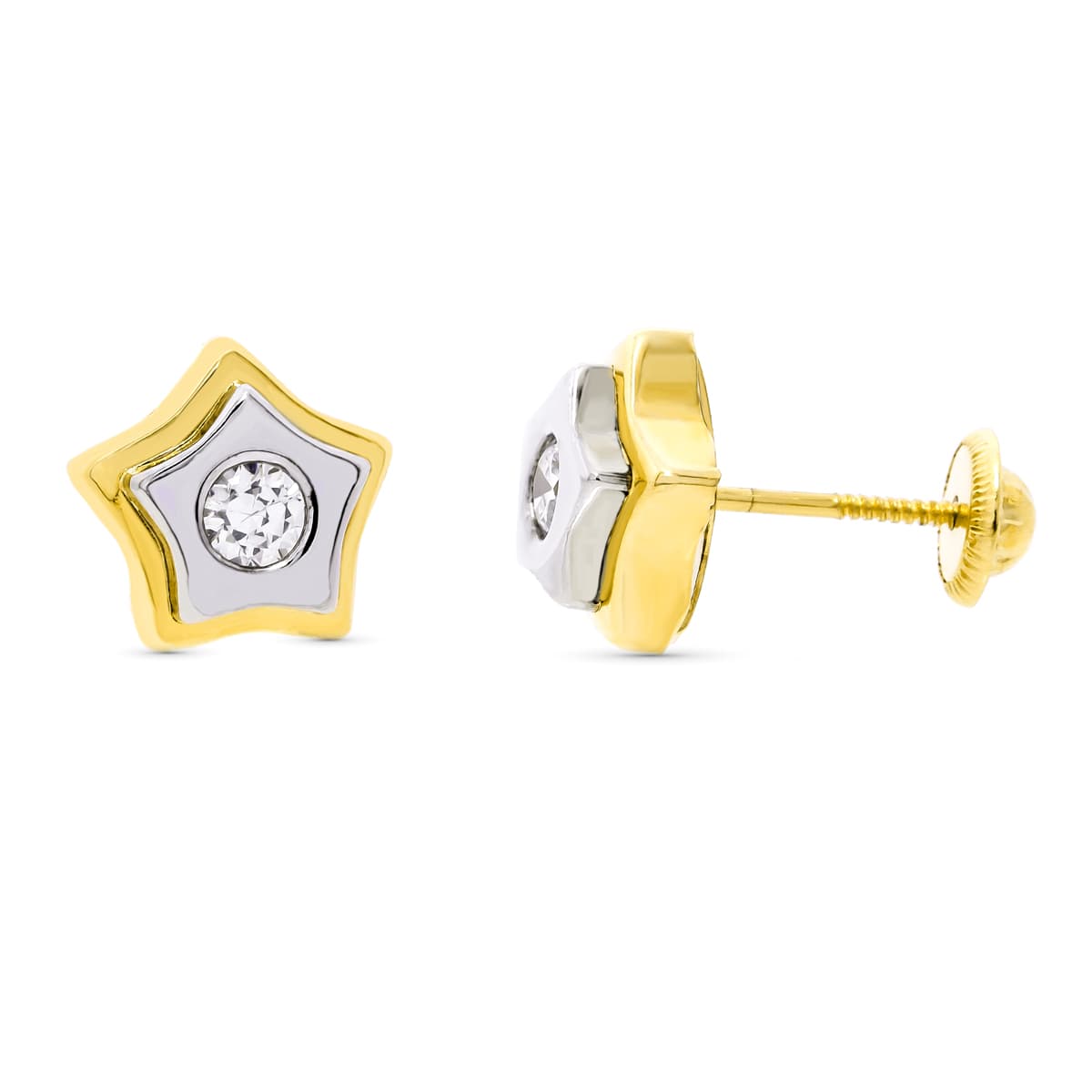 18 Ayar İki Renkli Altın Yıldız Küpe 9X9 mm Vidalı Toka