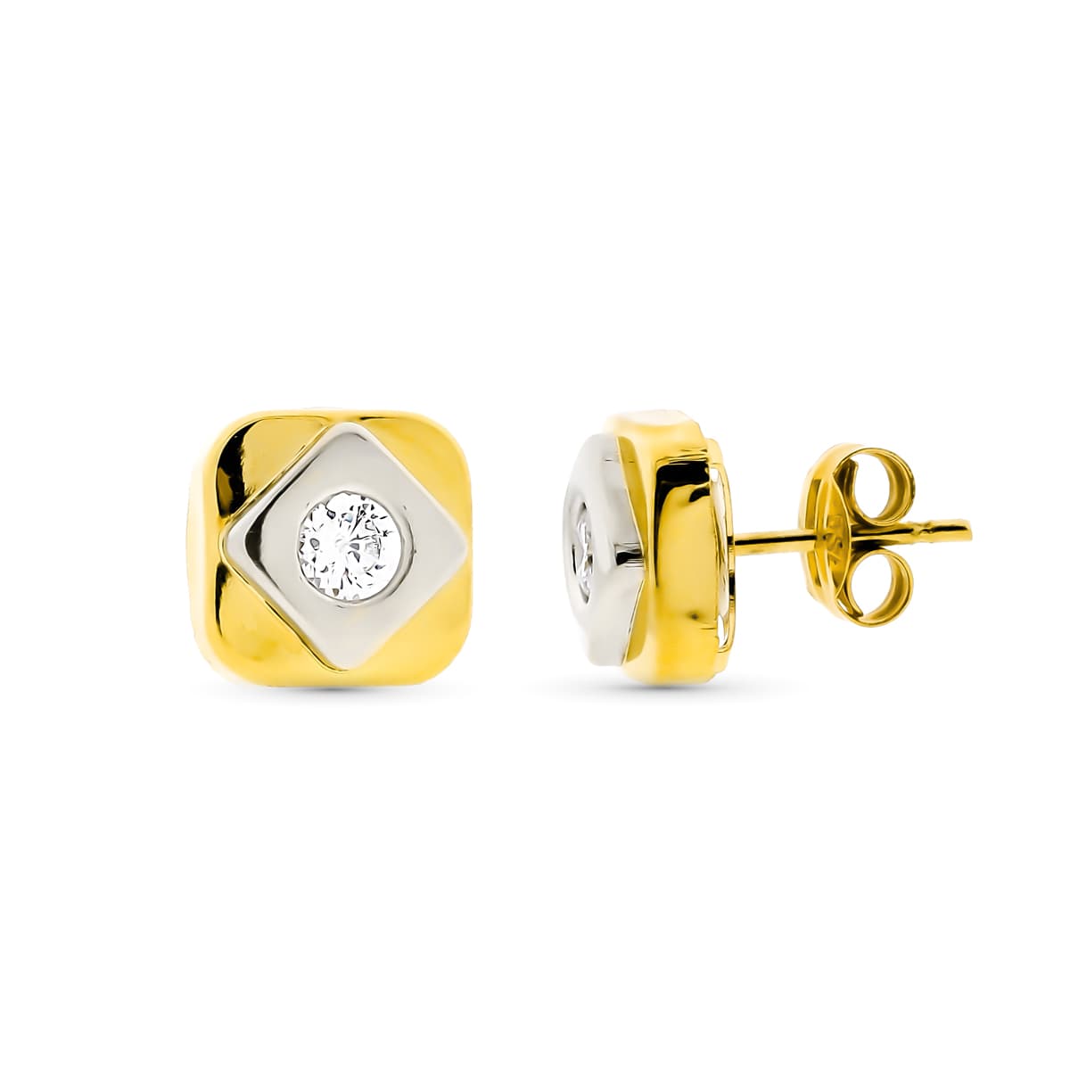 18K İki Tonlu Altın Kare Küpe 8X8 mm Kelebek Toka Toka