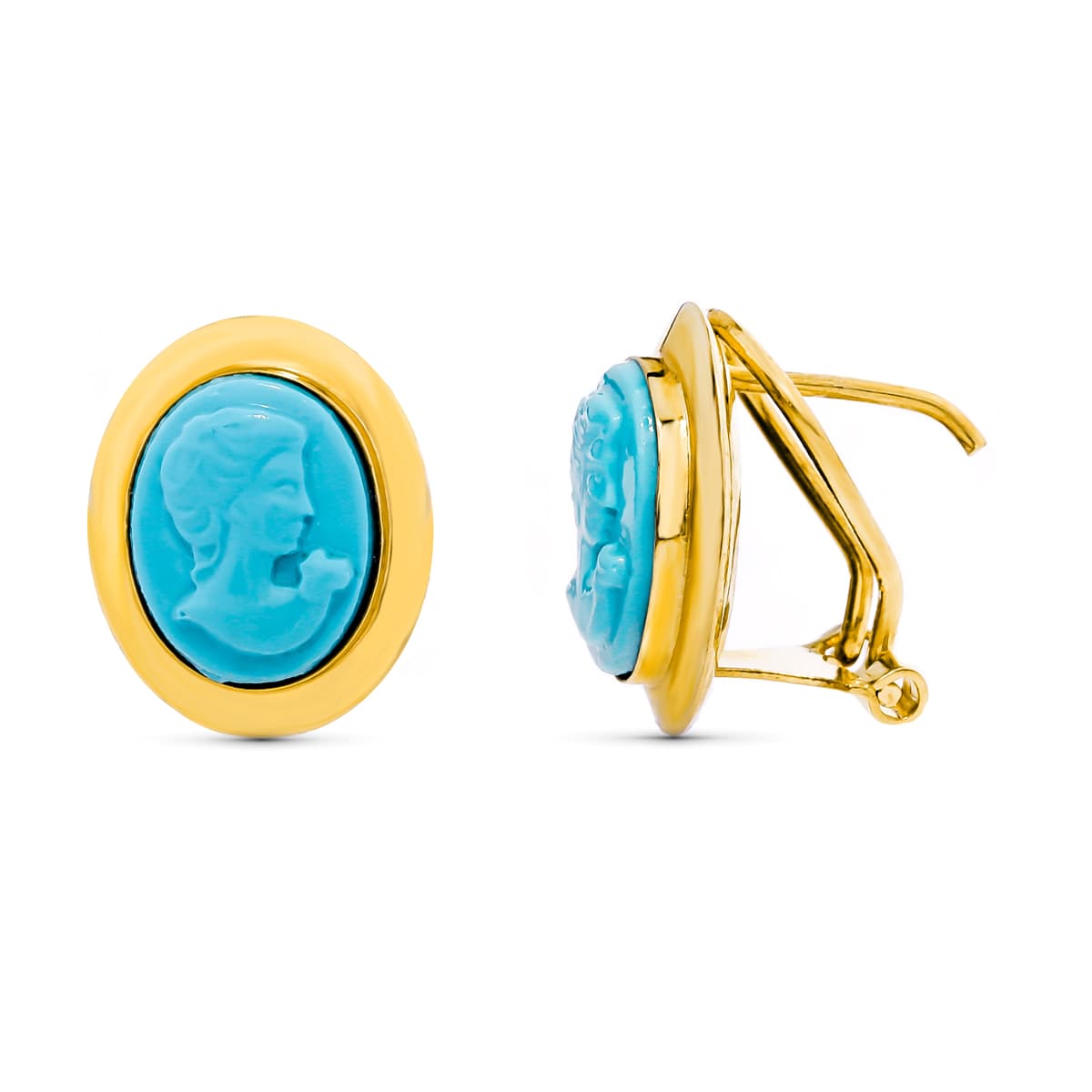 Pendientes Camafeo Oro Amarillo 18K 10X8 mm Cierre Bisagra Turquesa