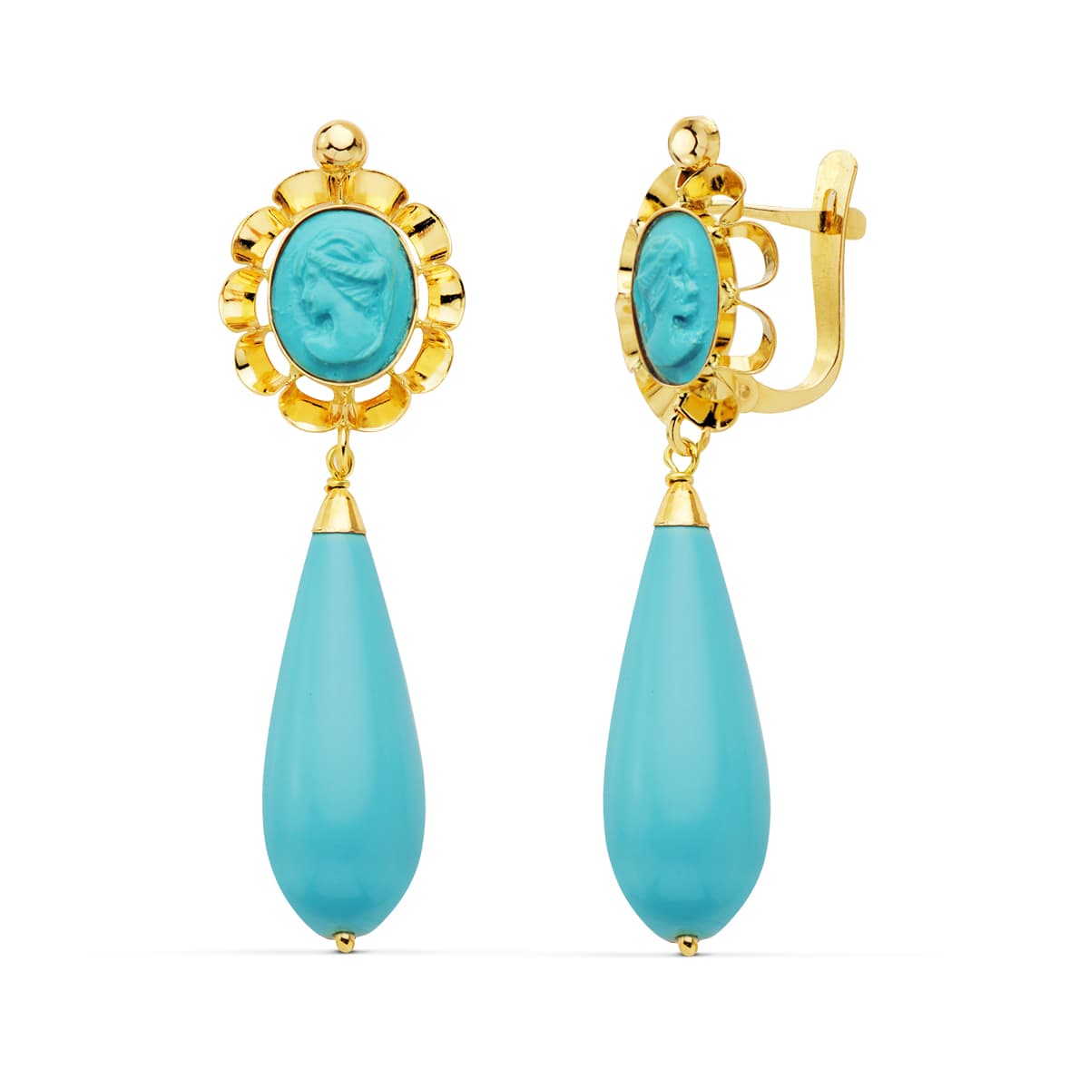 Boucles d'oreilles Camée Turquoise Or Jaune 18K 47X14 mm Ceirre Catalan