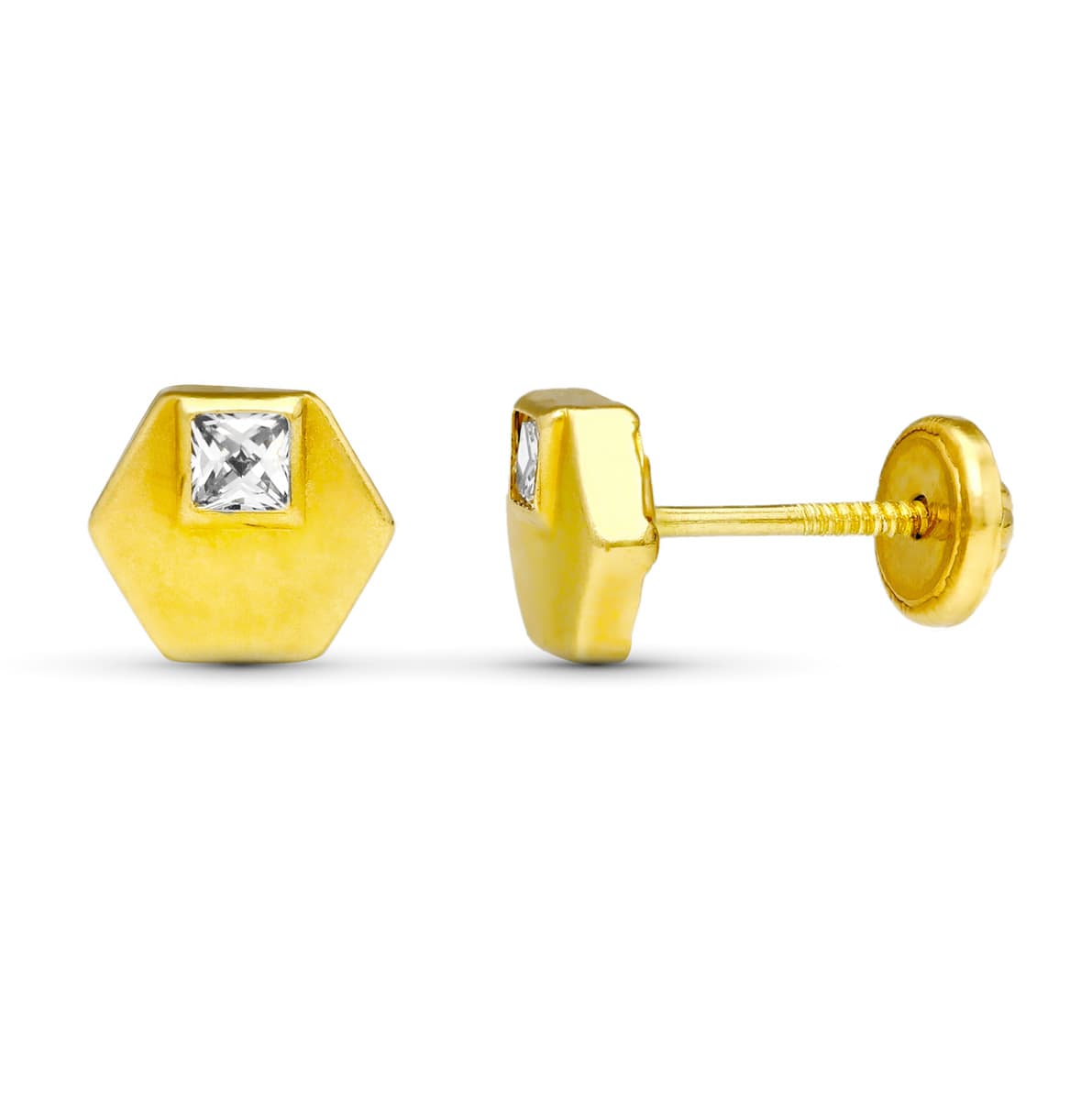 18 Ayar Sarı Altın Altıgen Küpe. 6X6 mm Vidalı Toka