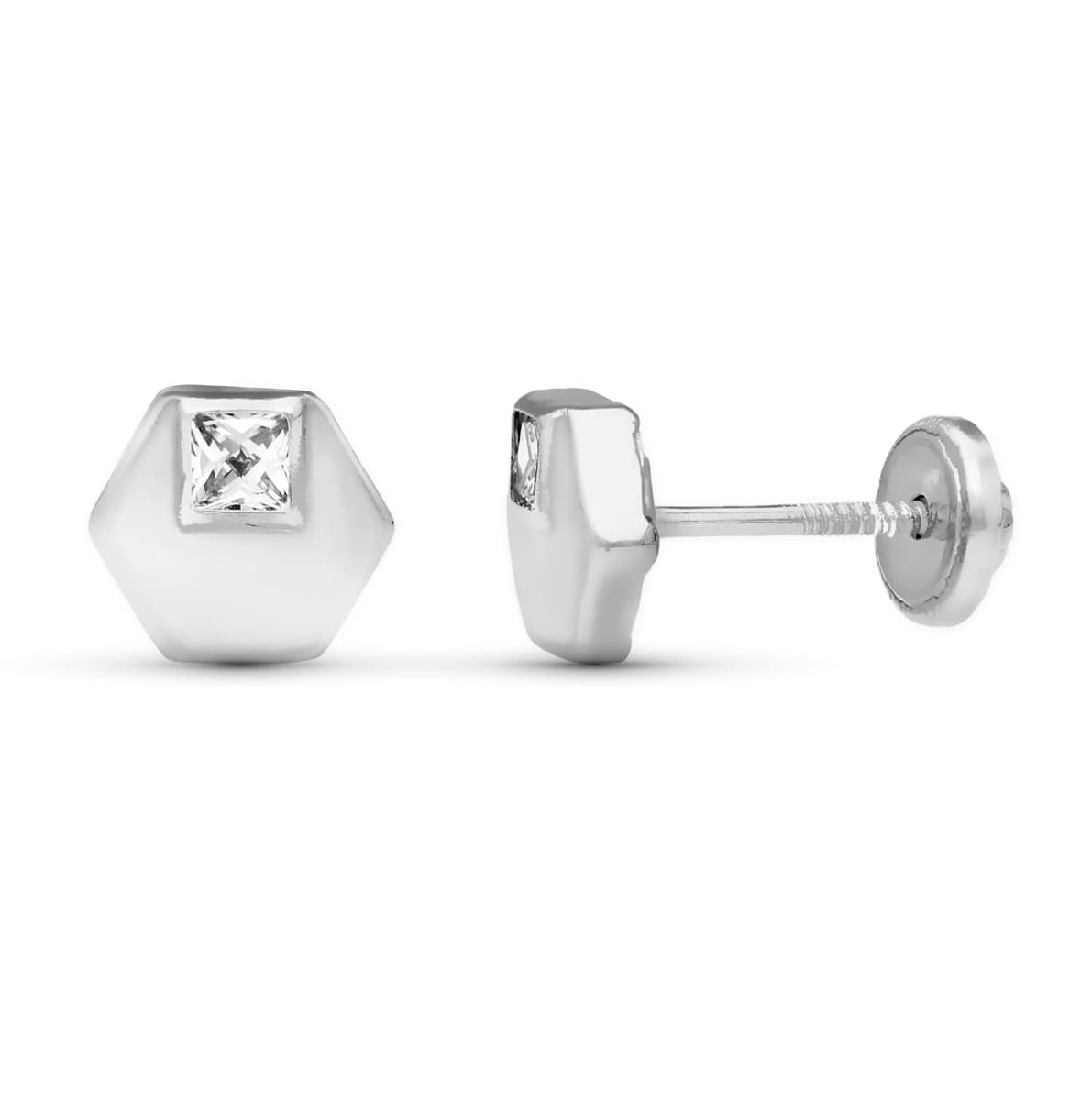 18 Ayar Beyaz Altın Altıgen Küpe 6 mm Vidalı Toka