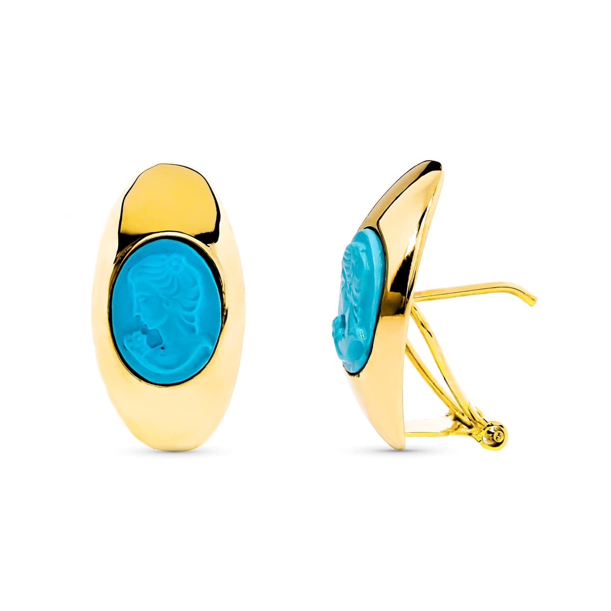 Boucles d'oreilles Or Jaune 18K Camée Turquoise Fermoir Omega