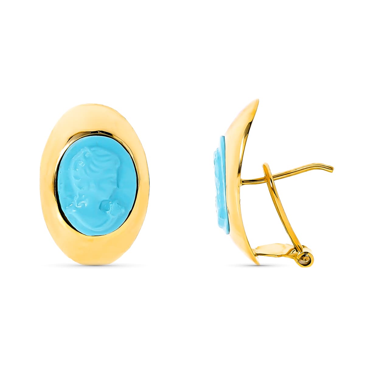 Brincos Camafeu Turquesa Ouro Amarelo 18K 20X13 mm Fecho Omega