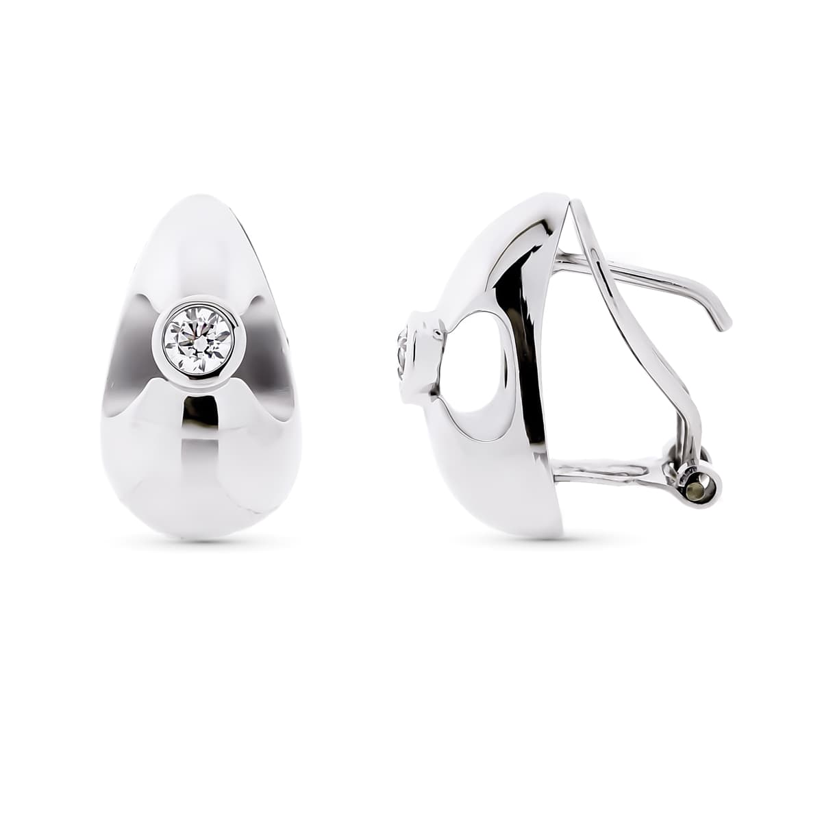 18K Boucles d'oreilles Or Blanc et Zircons 16X9 mm Fermoir Omega