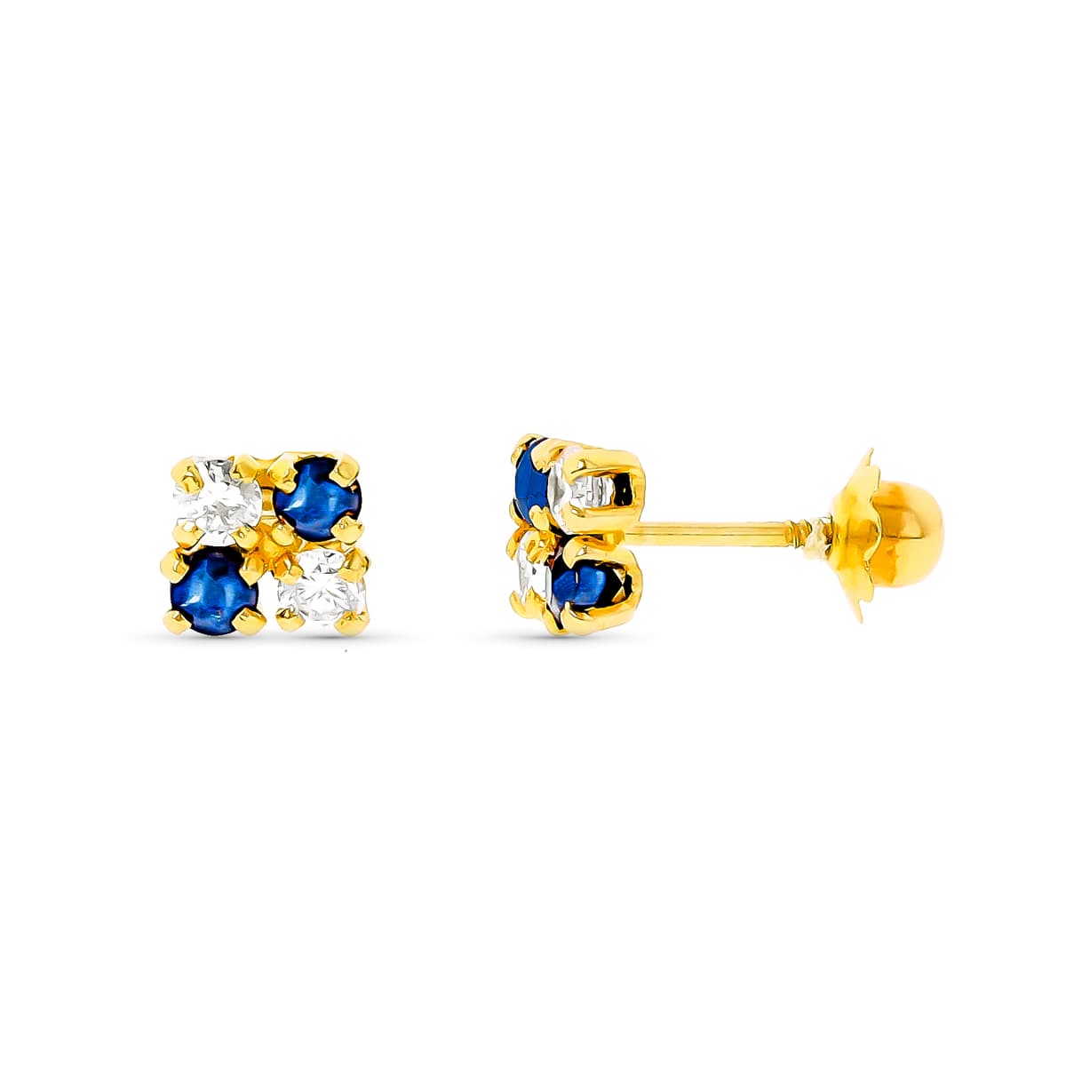 18K Boucles d'oreilles Or Jaune Saphirs et Zircons Fermoir a Vis