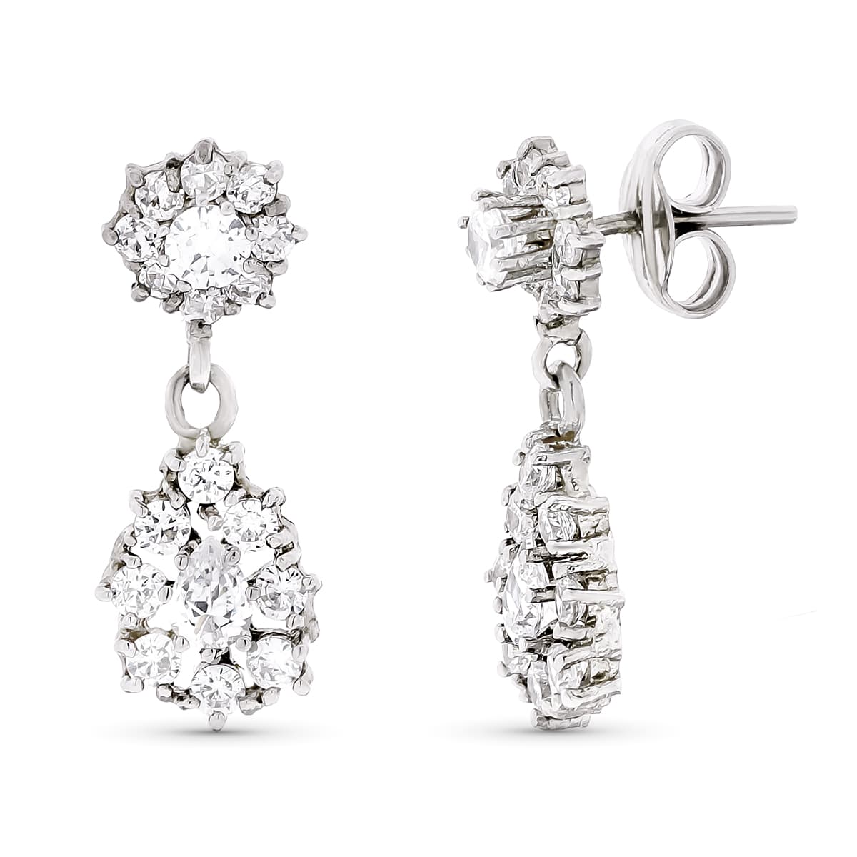 18K Boucles d'oreilles Or Blanc et Zircons 21 X 8 mm Fermoir Poussettes Papillon