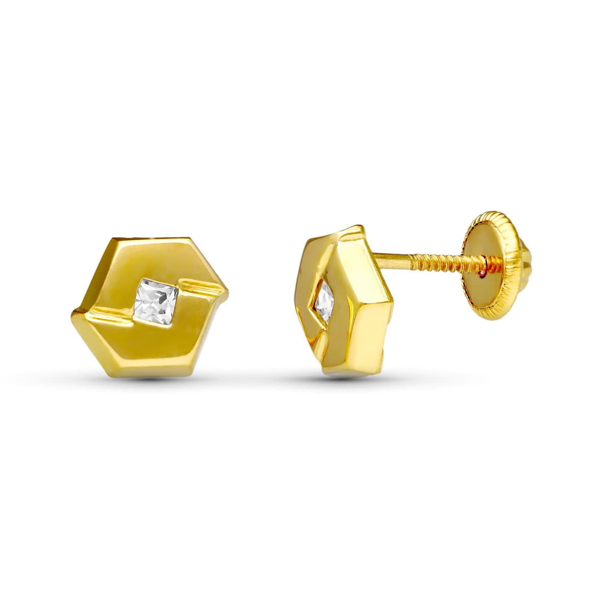 18 Ayar Sarı Altın Zirkon Küpe. 7.5X6 mm Vidalı Toka