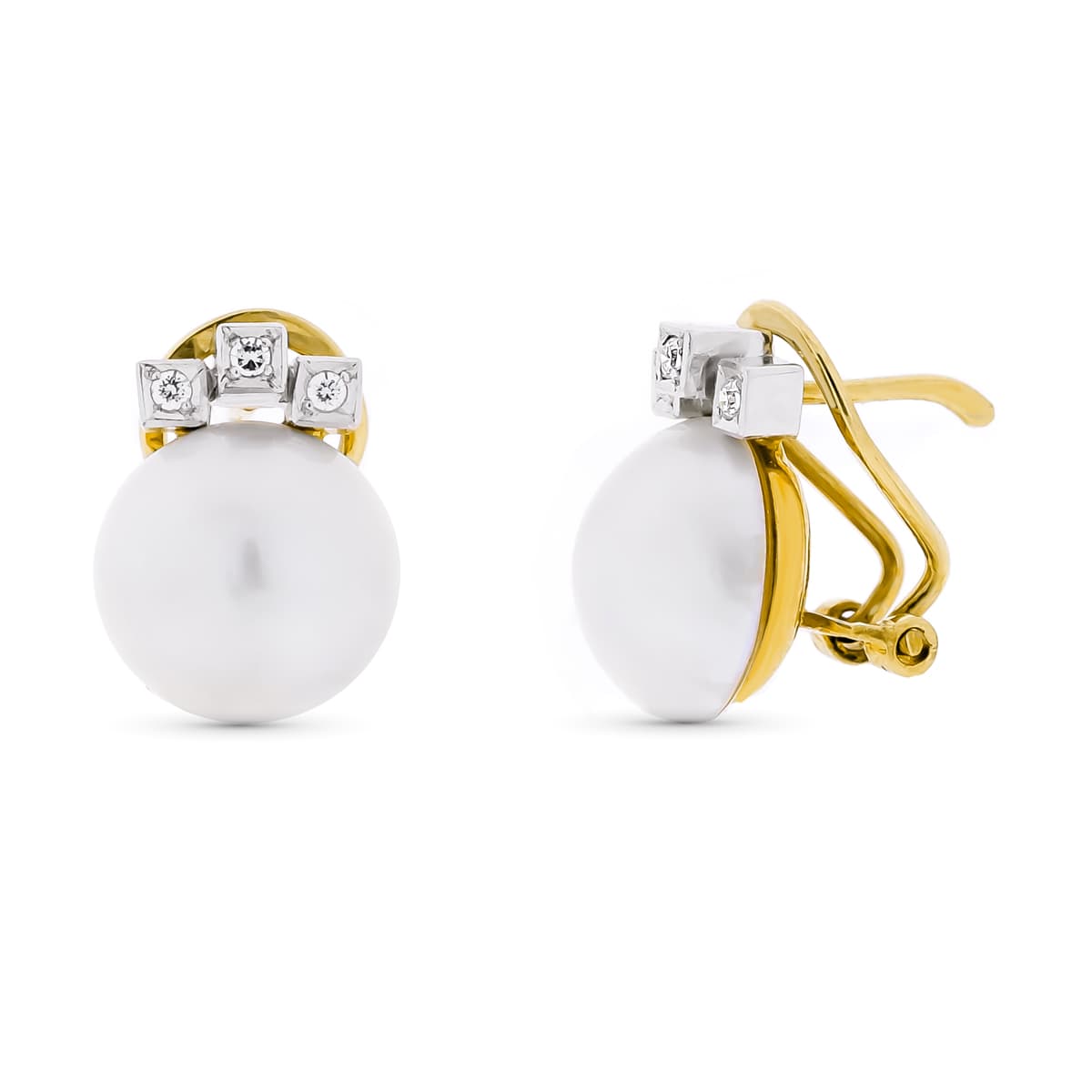 Brincos em ouro bicolor 18K Pérola japonesa com zircônias 10-12 mm Femroir Omega