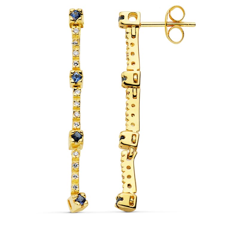 18K Boucles d'oreilles Pendantes 16 Zircons et Saphir. Fermoir Poussettes Papillon