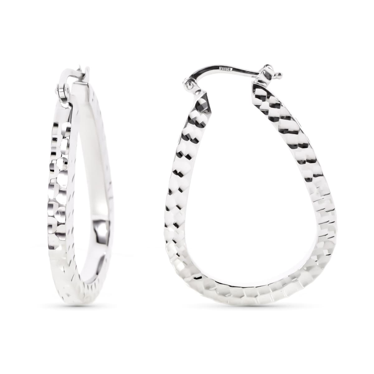 18K Créoles Or Blanc Goutte Facettés 34 X 24 mm