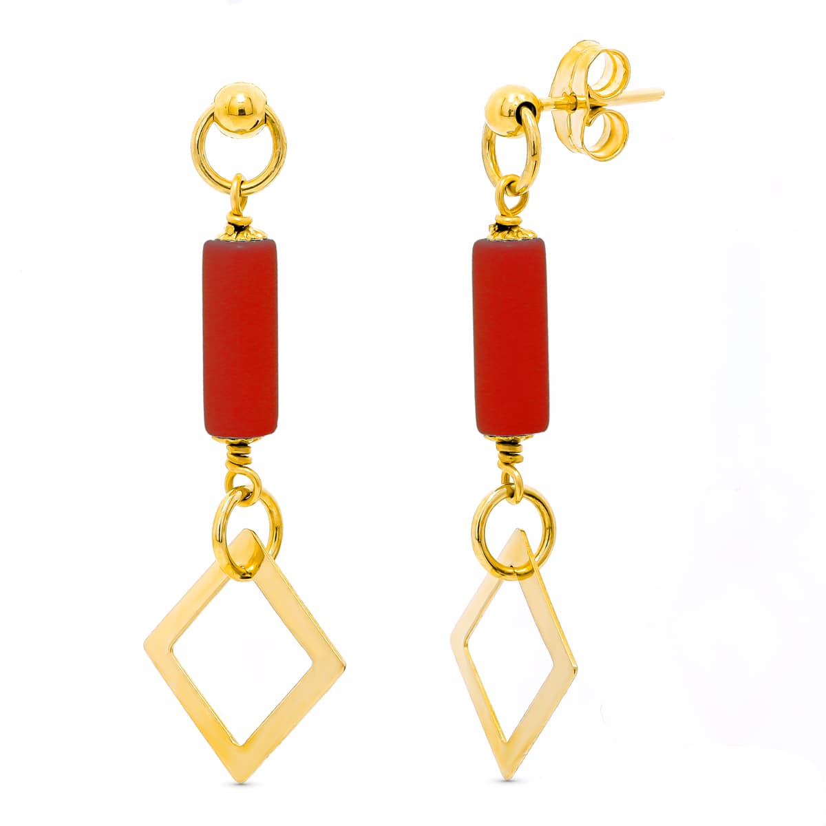 18K Boucles d'oreilles Or Jaune Corail Losanges Fermoir Poussettes Papillon