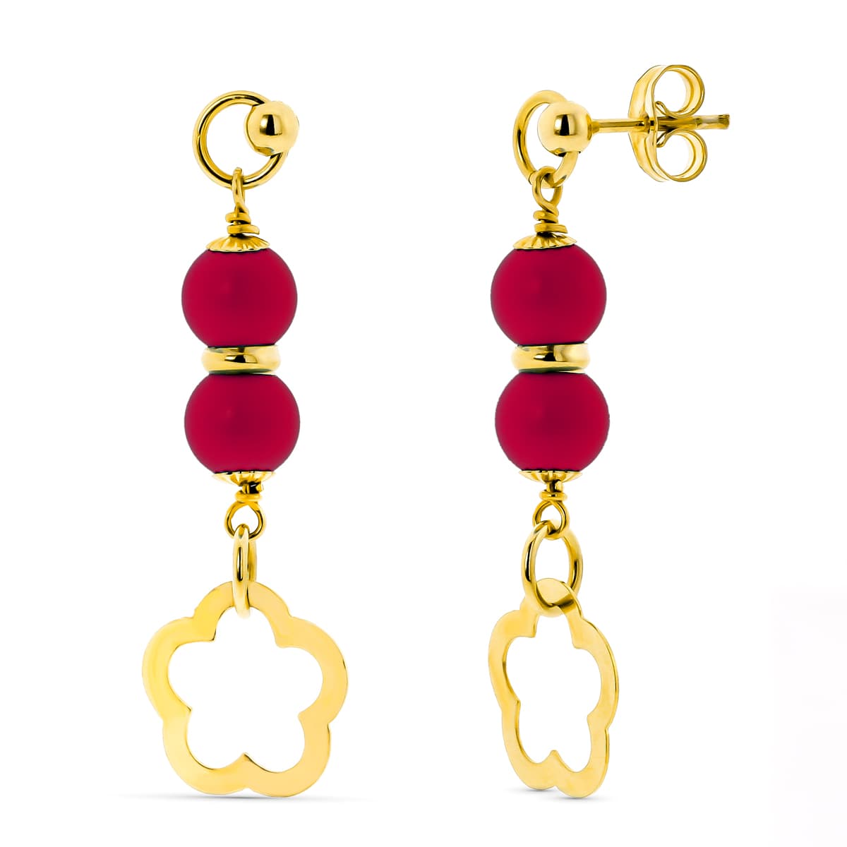 18K Boucles d'oreilles Or Jaune 2 Billes Corail 6 mm Fleur Fermoir Poussettes Papillon