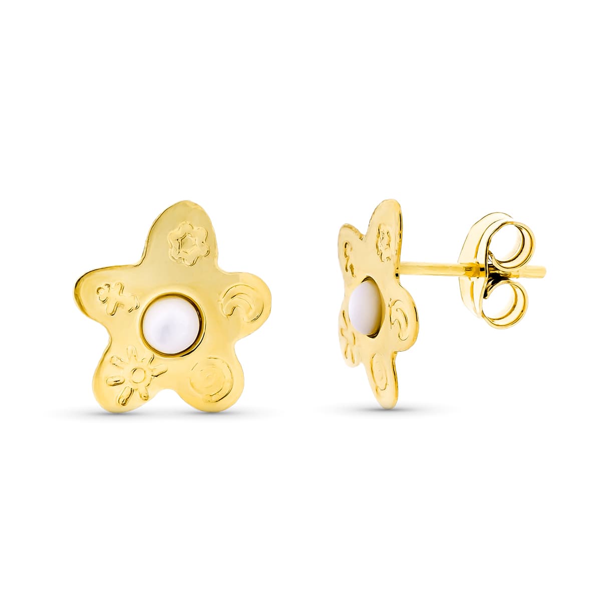 18K gult guld Pearl Flower örhängen 12X11 mm Butterfly Push lås