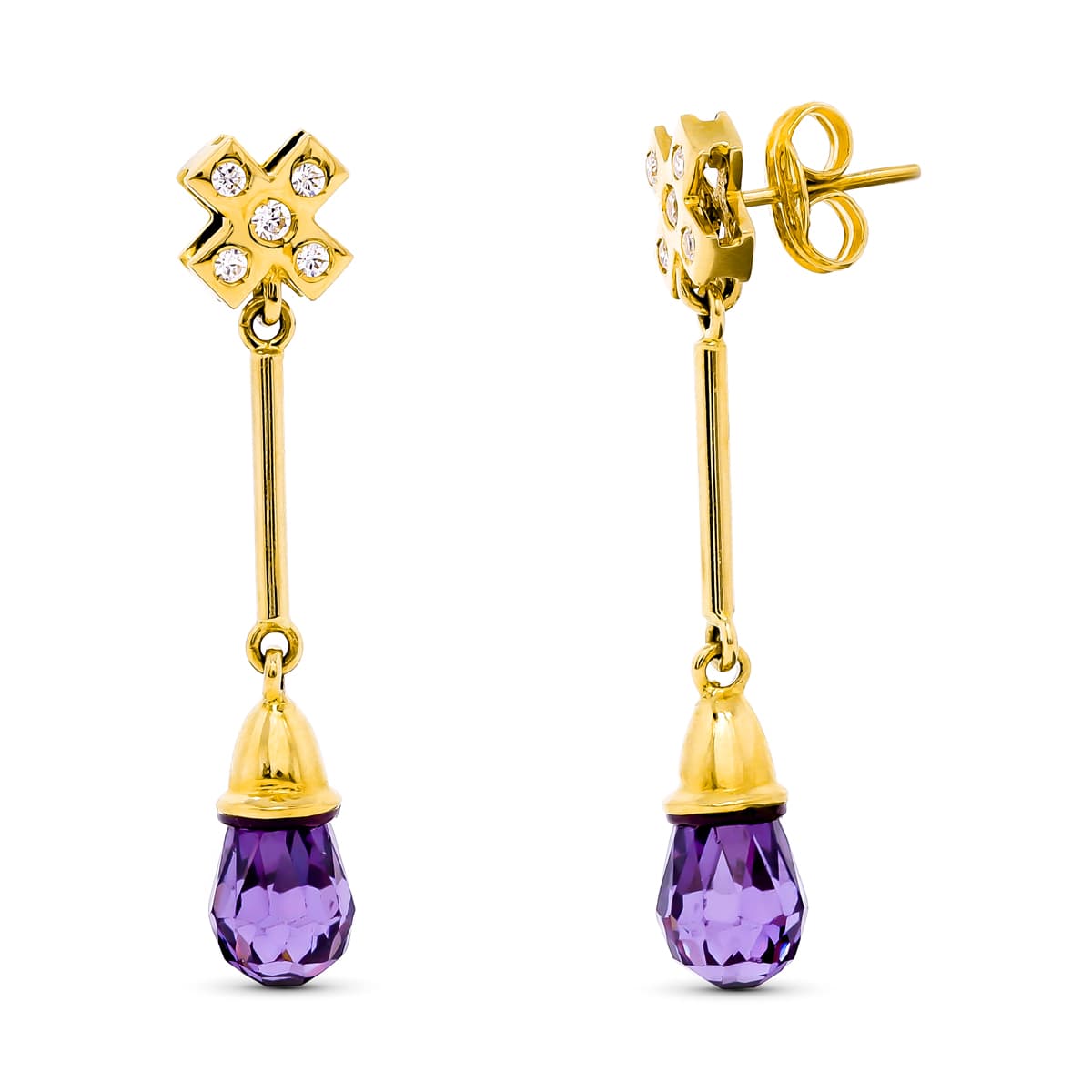 18K Boucles d'oreilles Or Jaune 5 Zircons et Amethyste Fermoir Poussettes